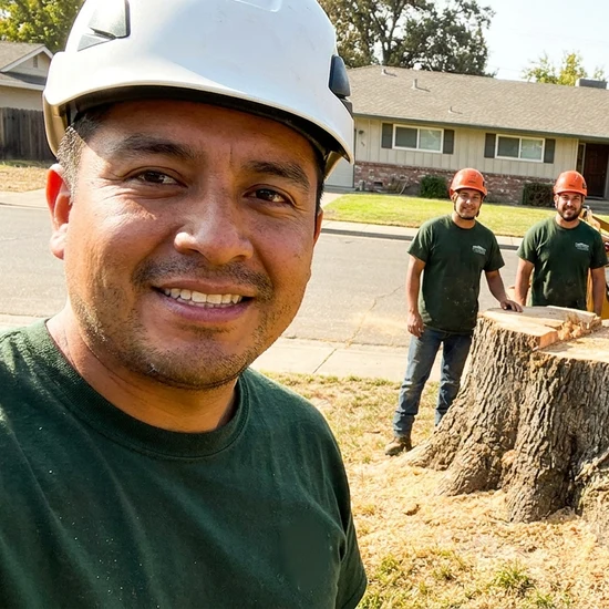 Smiling 3D Tree Services crew selfie after removing a large oak in Chino