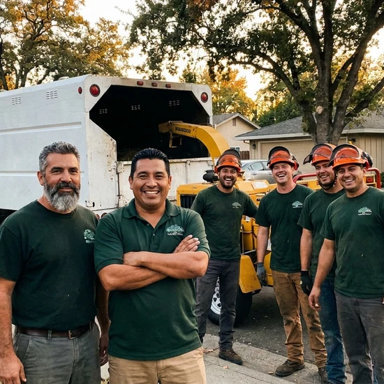 Tree service owner and crew with chip truck on a Chino street