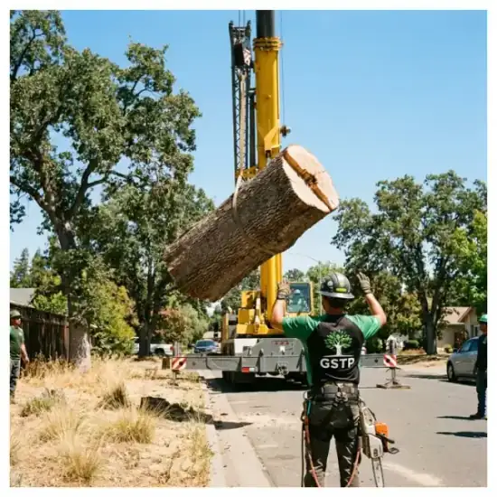 Crane lowering a tree section during a Chino removal